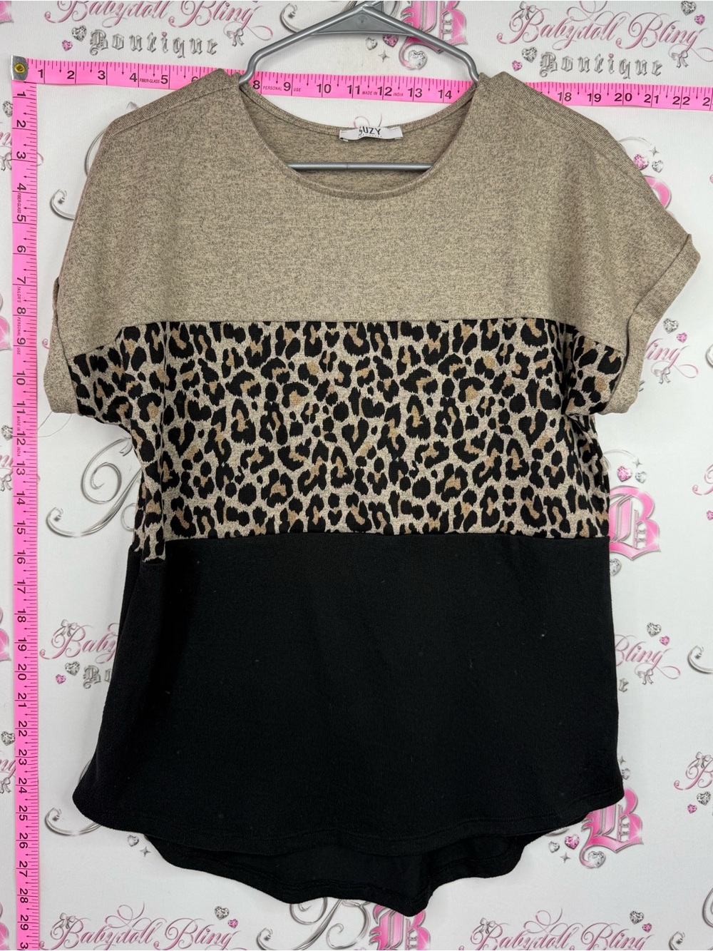 Suzy Shier tshirt Colorblock Tee with Leopard Panel - Beige, Black